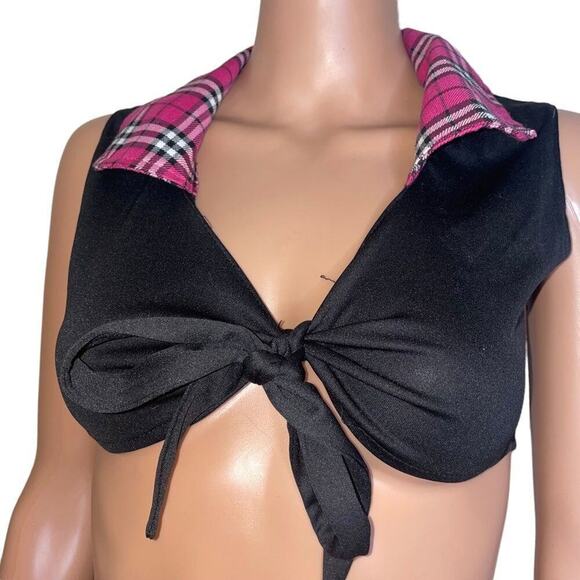 Hustler brand top black and plaid school girl front tie mid-riff belly bearing L - Picture 2 of 6